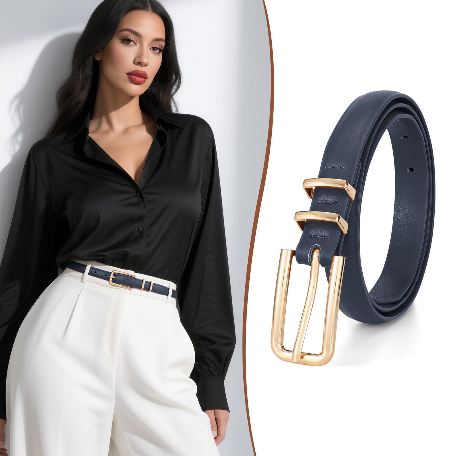 Thin Waist Belt with Square Gold Buckle