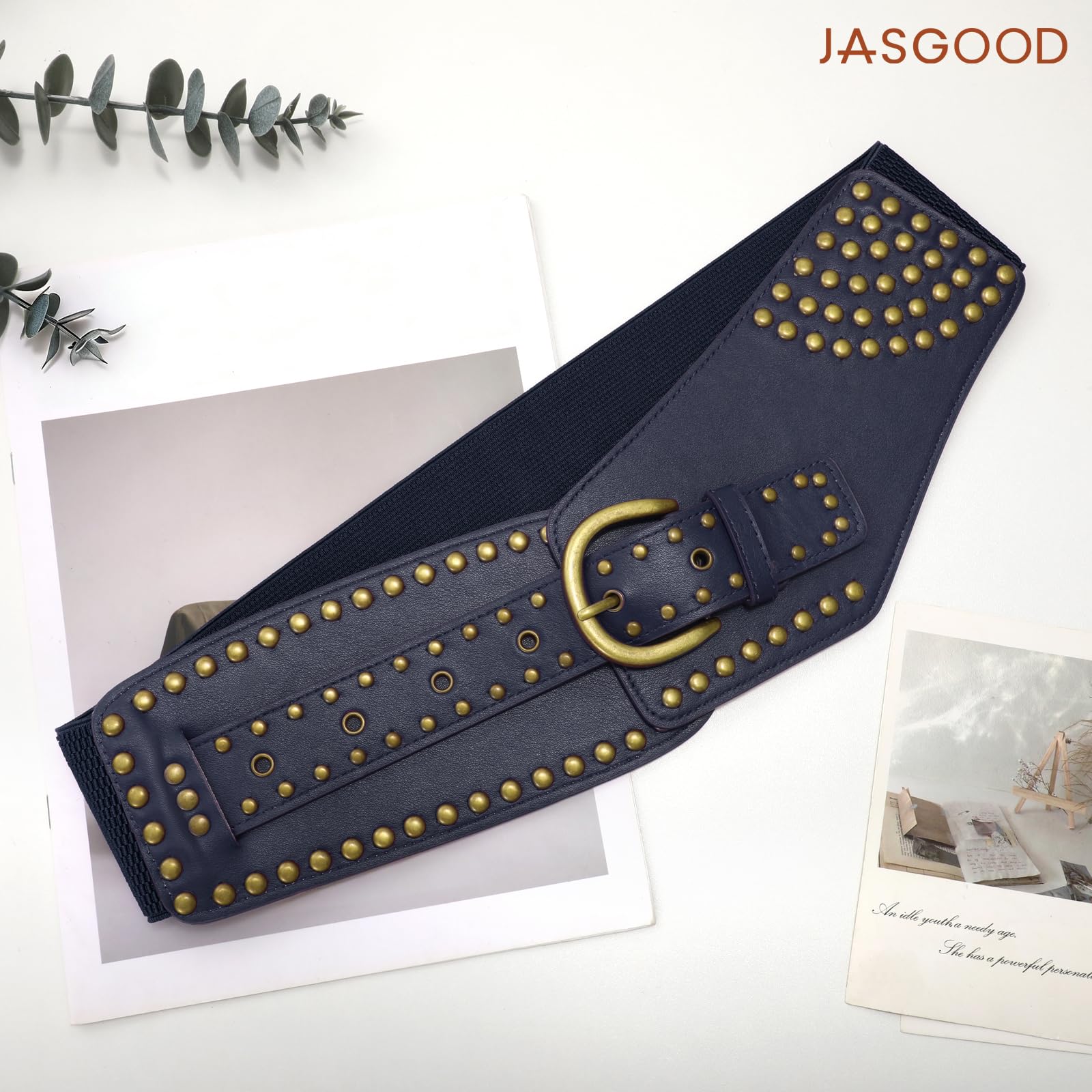 Stretchy Waist Belt with Rivets Metal Buckle