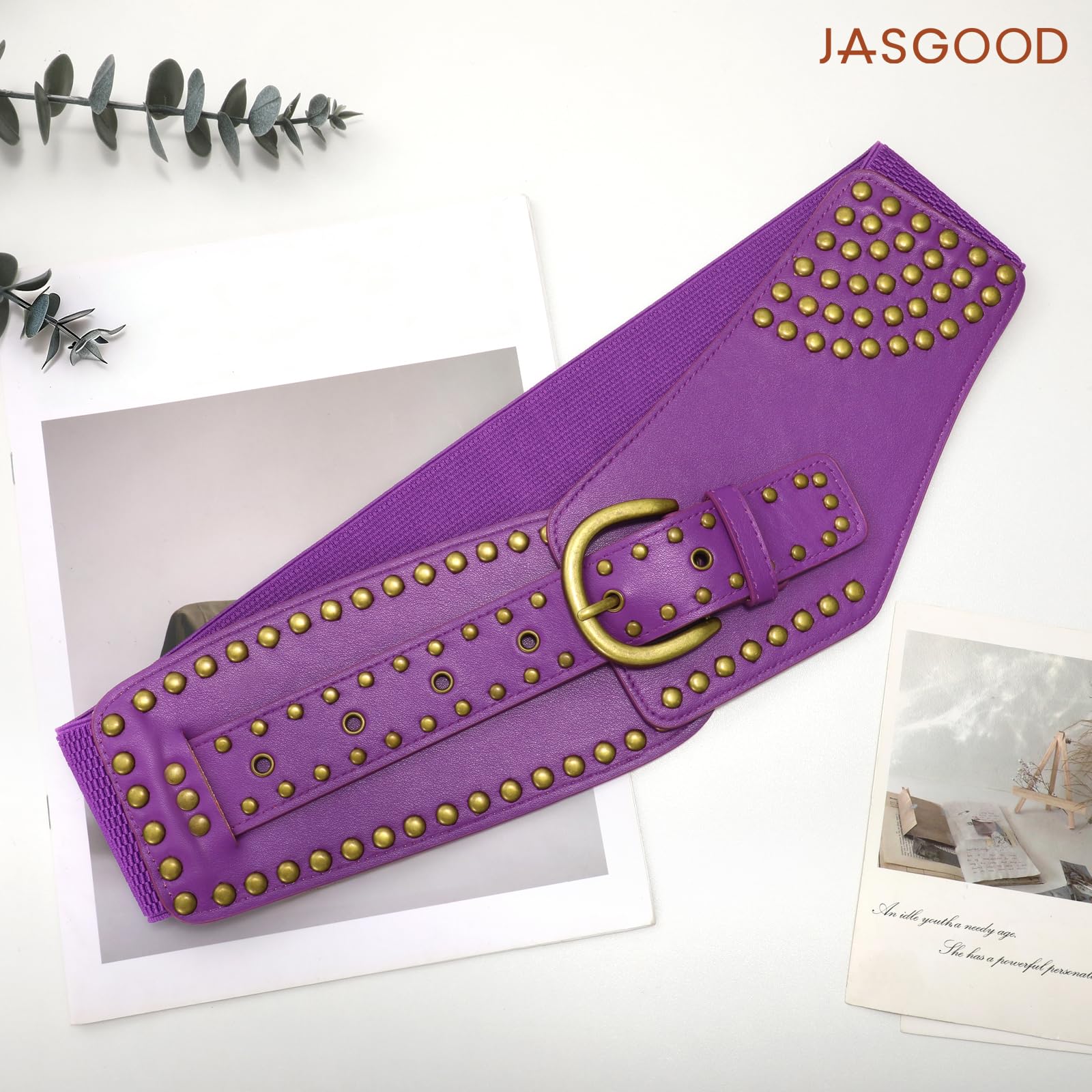 Stretchy Waist Belt with Rivets Metal Buckle