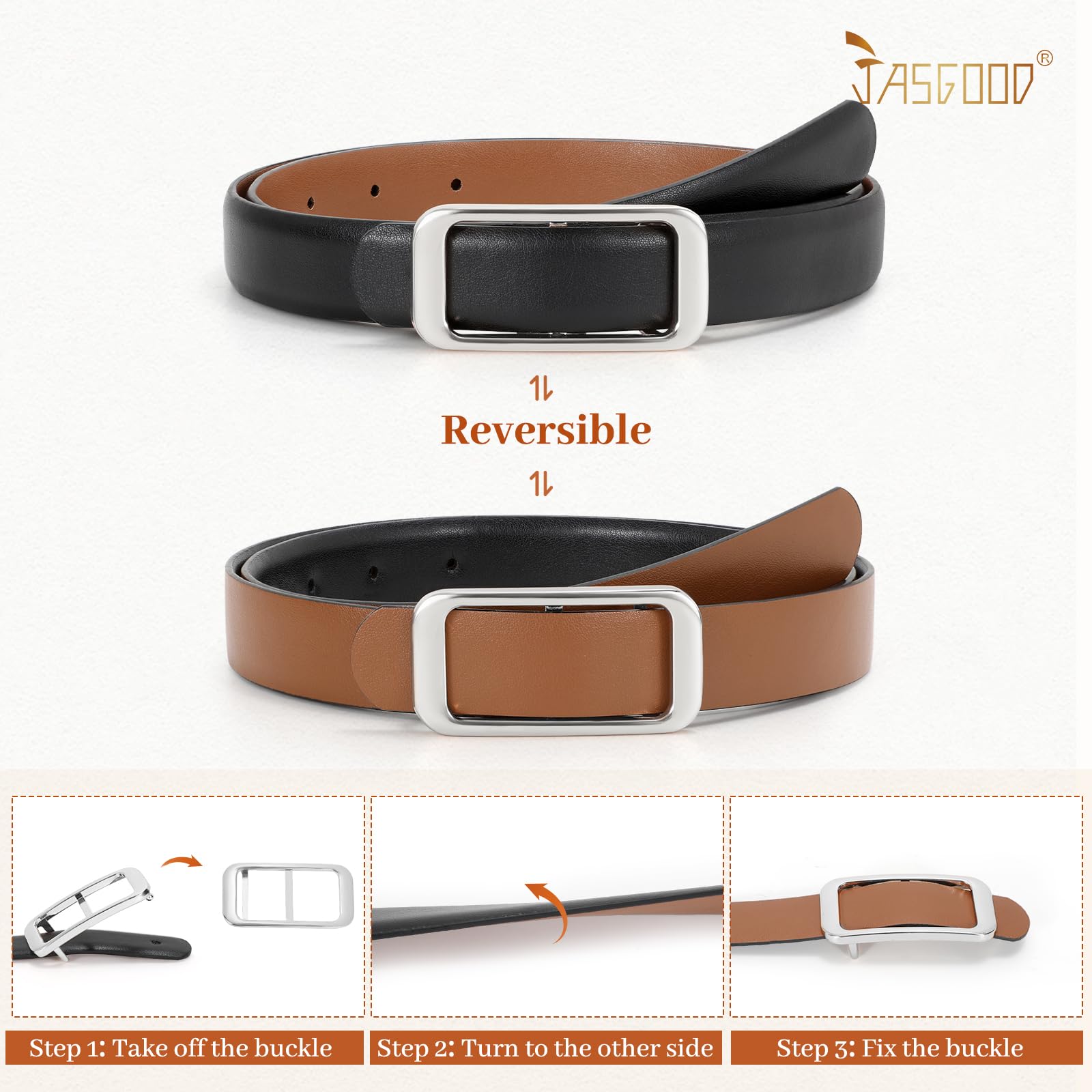Reversible Skinny Leather Belt 0.9" - JASGOOD OFFICIAL