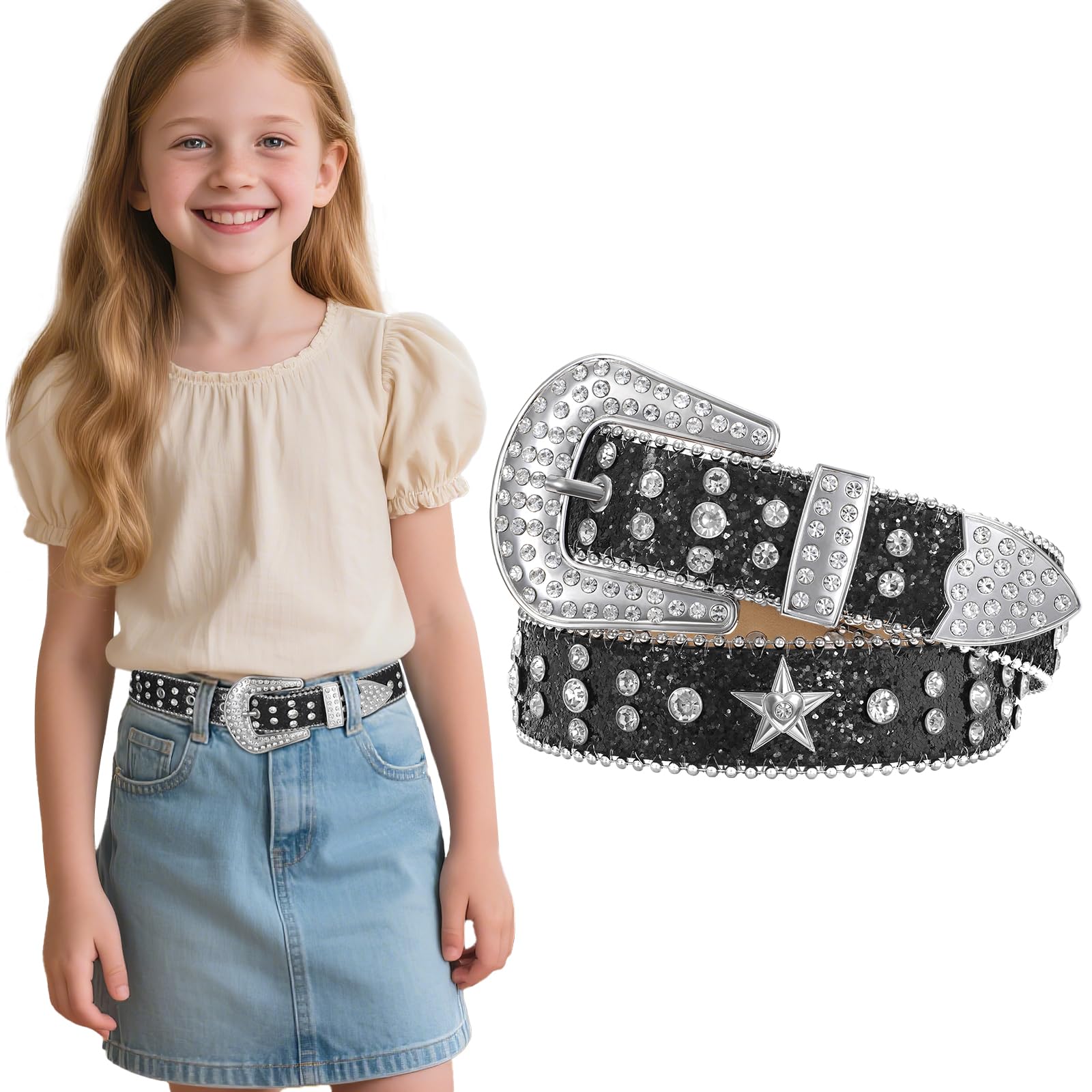 Teens Diamond Studded Bling Western Rhinestone Leather Belt