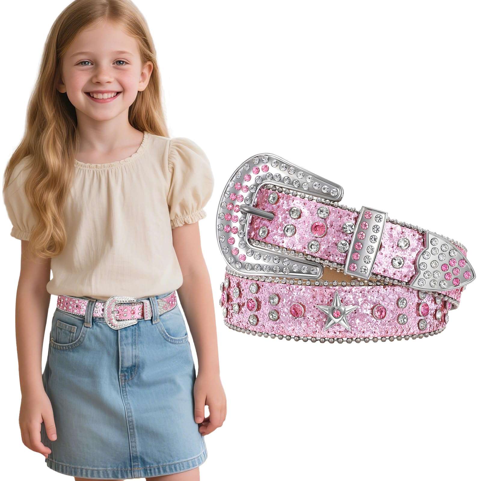 Teens Diamond Studded Bling Western Rhinestone Leather Belt