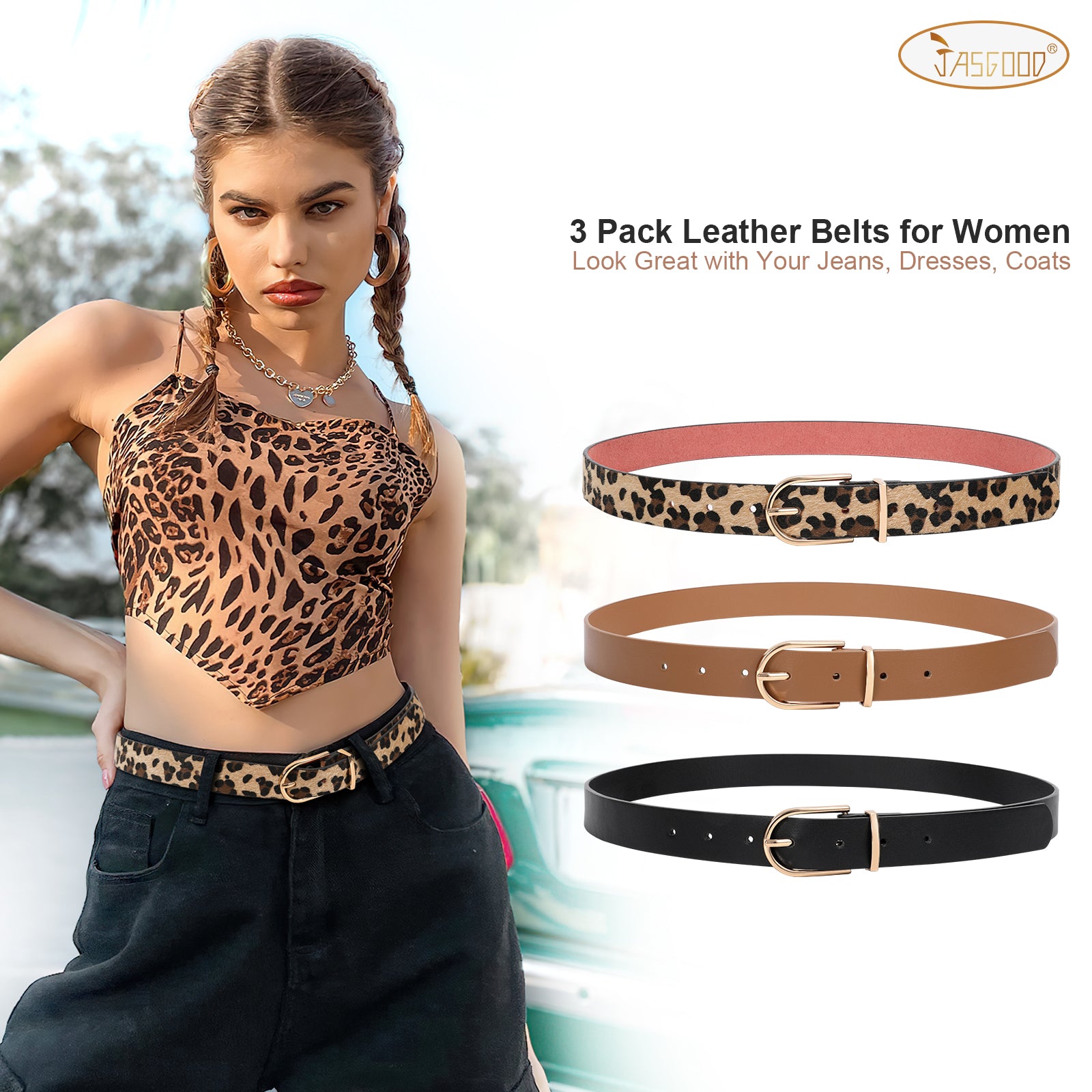 JASGOOD 3 Pack Women’s Leather Belts for Jeans Pants Fashion Ladies Belt with Gold Buckle - JASGOOD OFFICIAL