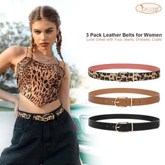 JASGOOD 3 Pack Women’s Leather Belts for Jeans Pants Fashion Ladies Belt with Gold Buckle