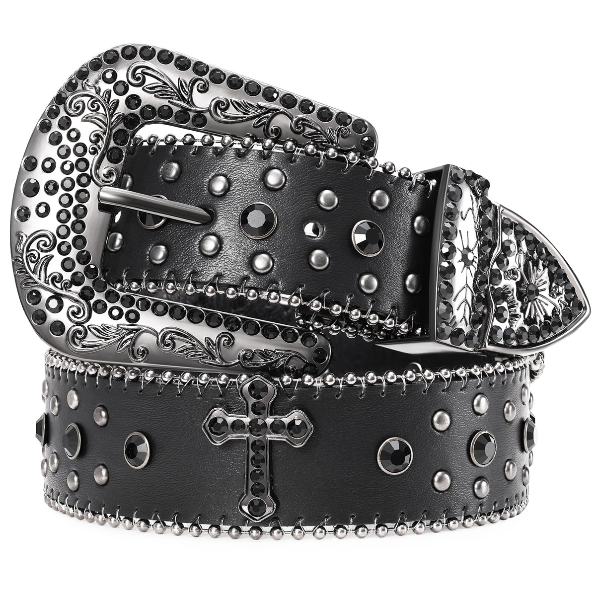 Rhinestone Studded Belt With Cross Crown - JASGOOD OFFICIAL