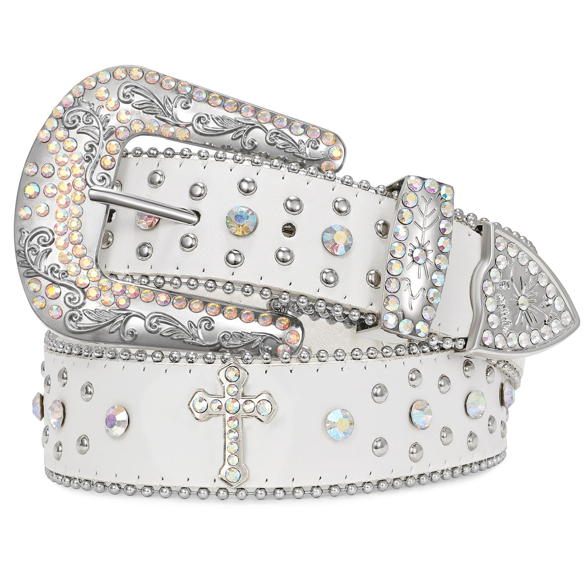 Rhinestone Studded Belt With Cross Crown - JASGOOD OFFICIAL