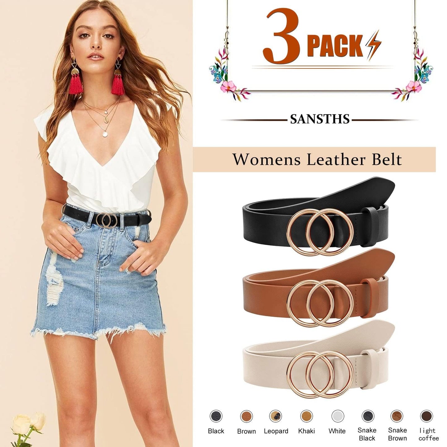 JASGOOD Womens Leather Belt for Jeans Pants Fashion Waist Belts Gold Silver Double Ring Buckle