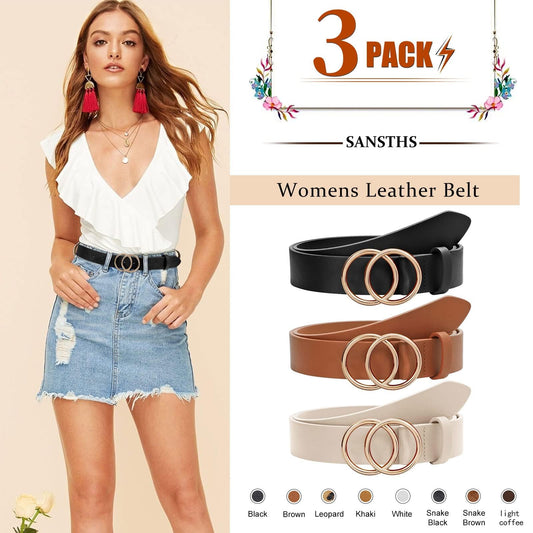 JASGOOD Womens Leather Belt for Jeans Pants Fashion Waist Belts Gold Silver Double Ring Buckle