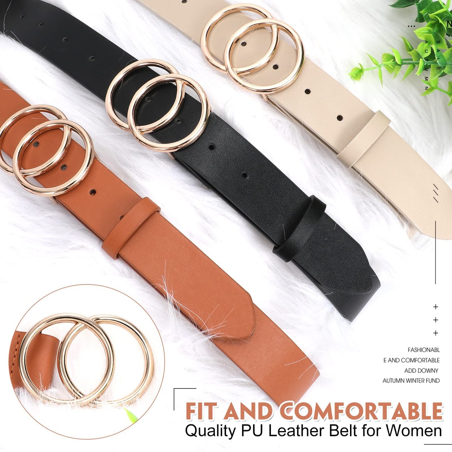 JASGOOD Womens Leather Belt for Jeans Pants Fashion Waist Belts Gold Silver Double Ring Buckle