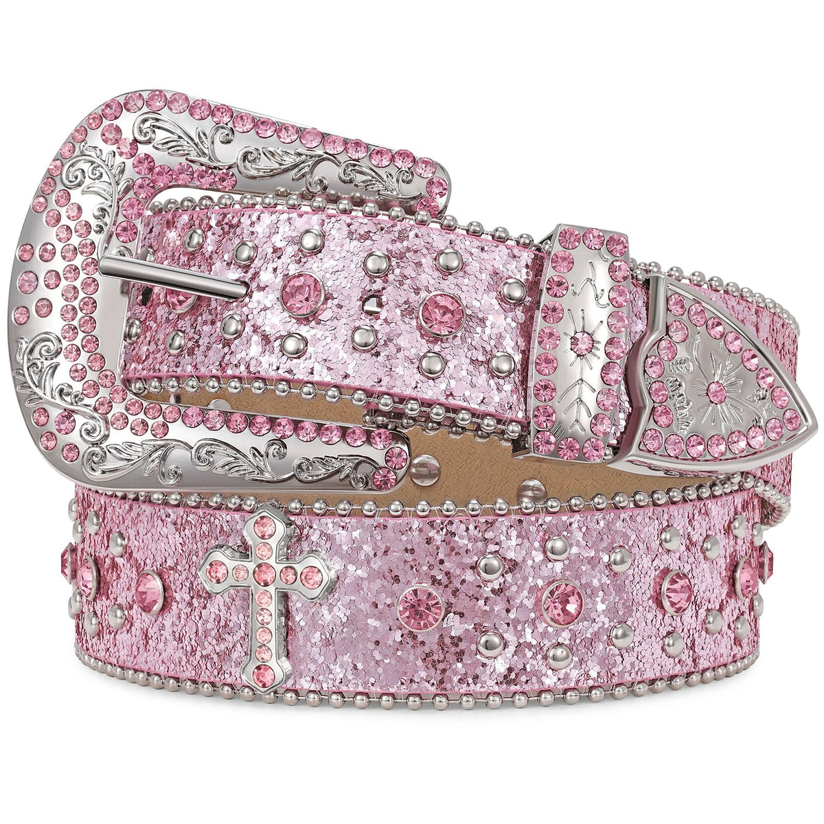 Rhinestone Studded Belt With Cross Crown - JASGOOD OFFICIAL