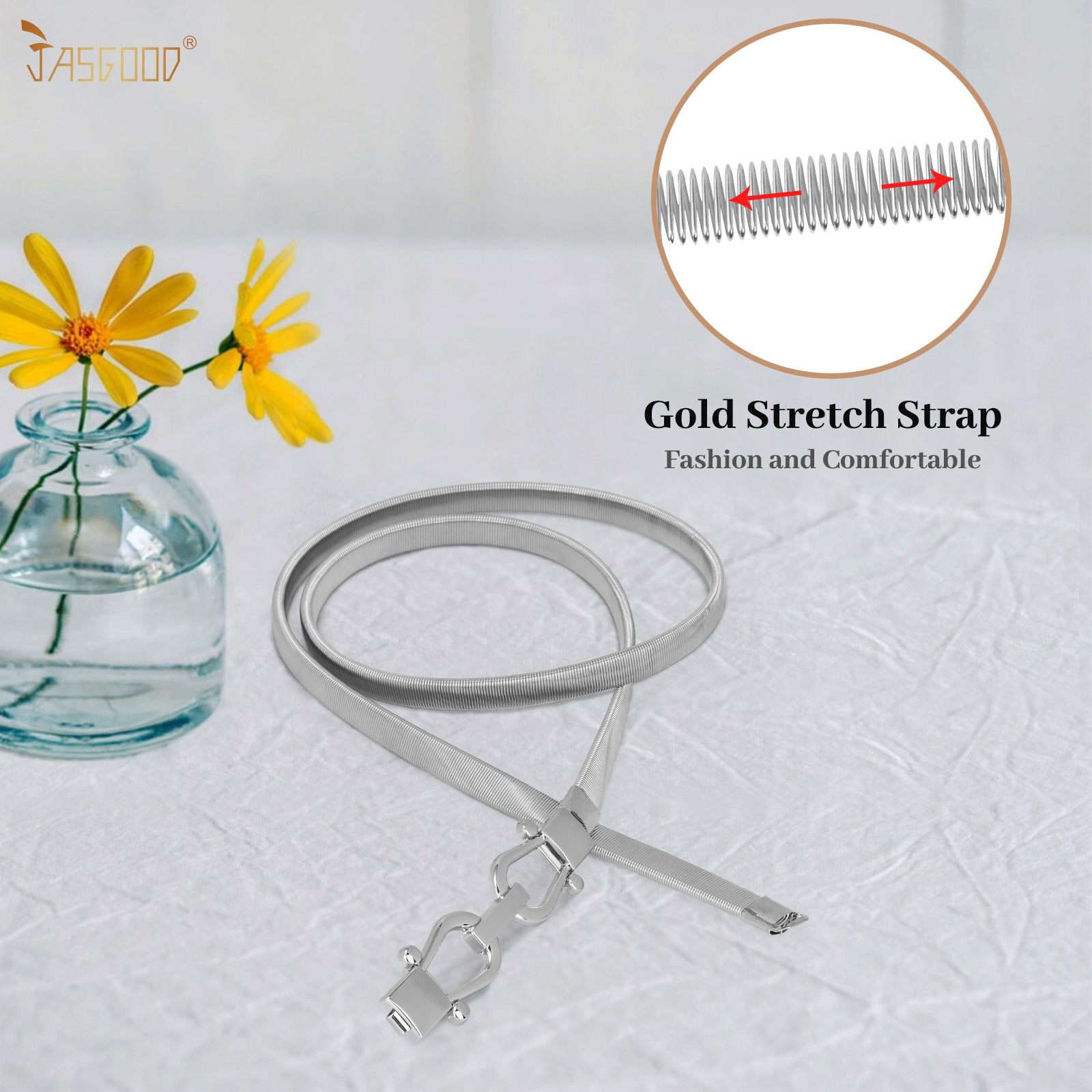 JASGOOD Skinny Metal Waist Belt for Dress Fashion Waistband Elastic Metal Chain Belt - JASGOOD OFFICIAL