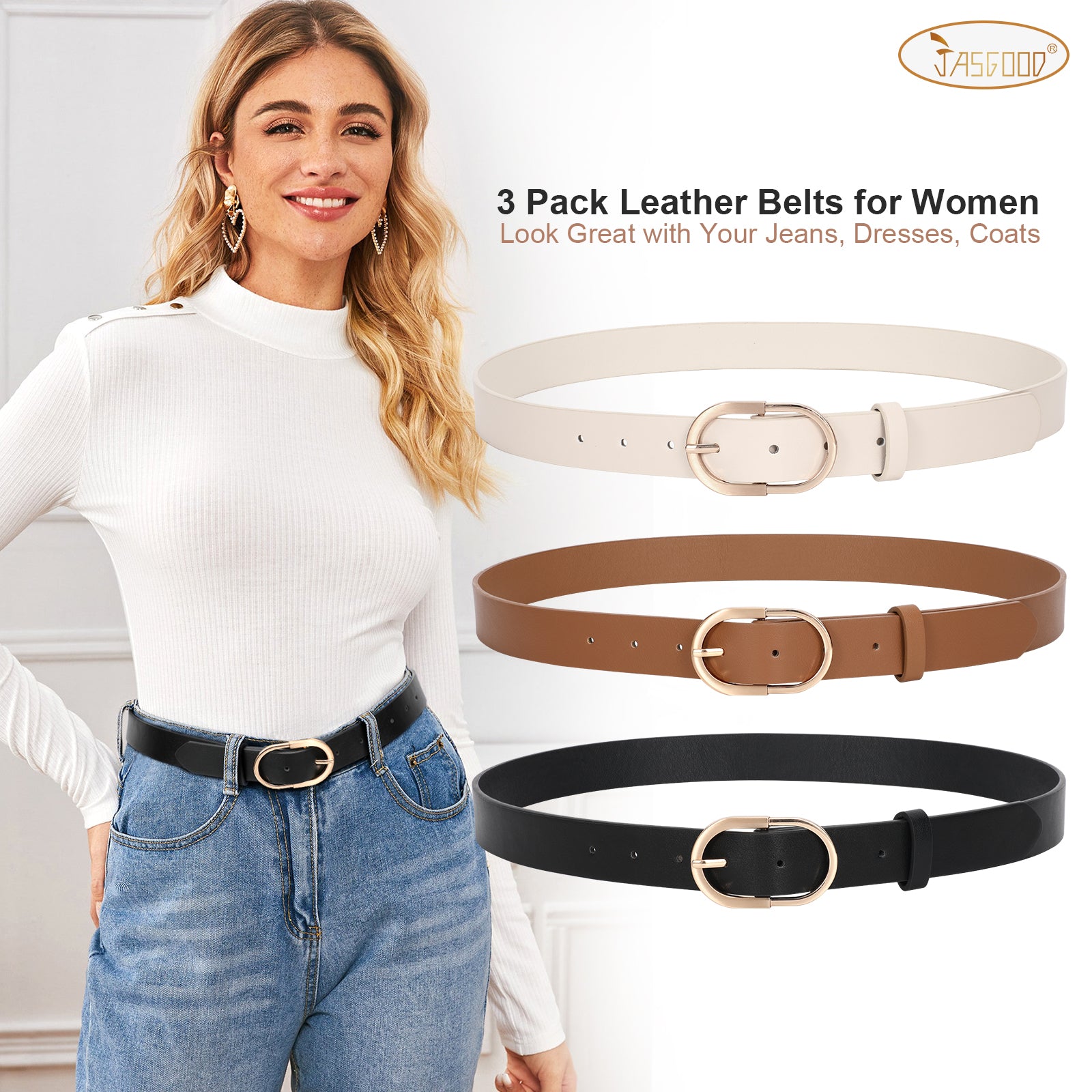 JASGOOD 3 Pack Women’s Leather Belts for Jeans Pants Fashion Ladies Belt with Gold Buckle - JASGOOD OFFICIAL