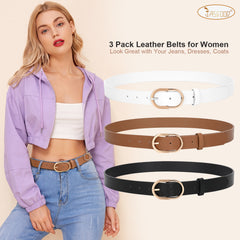 JASGOOD 3 Pack Women’s Leather Belts for Jeans Pants Fashion Ladies Belt with Gold Buckle