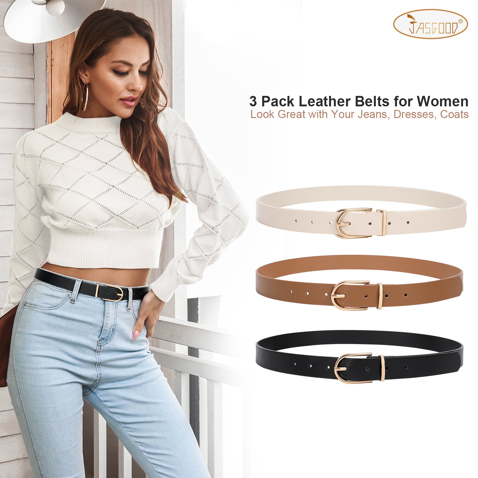 JASGOOD 3 Pack Women’s Leather Belts for Jeans Pants Fashion Ladies Belt with Gold Buckle - JASGOOD OFFICIAL