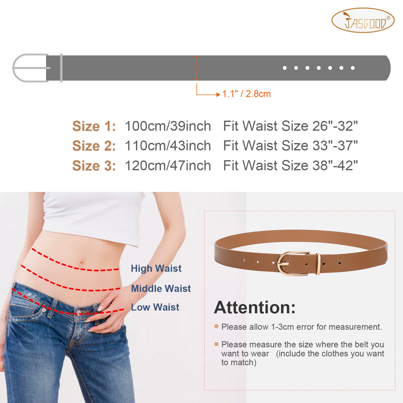 JASGOOD 3 Pack Women’s Leather Belts for Jeans Pants Fashion Ladies Belt with Gold Buckle - JASGOOD OFFICIAL