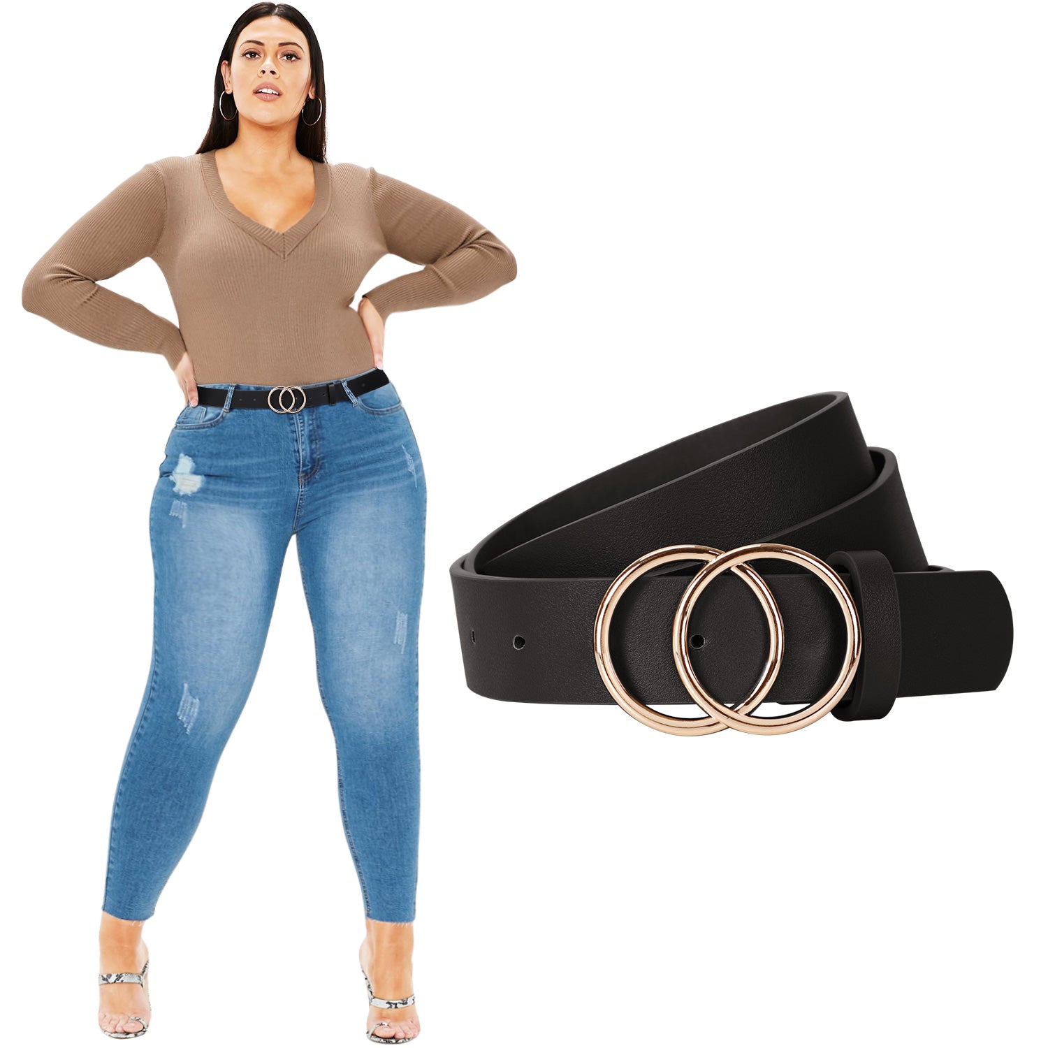 JASGOOD Plus Size Double O Ring Belt for Women Leather Belt,Ladies PU Leather Waist Belts for Jeans Pants 