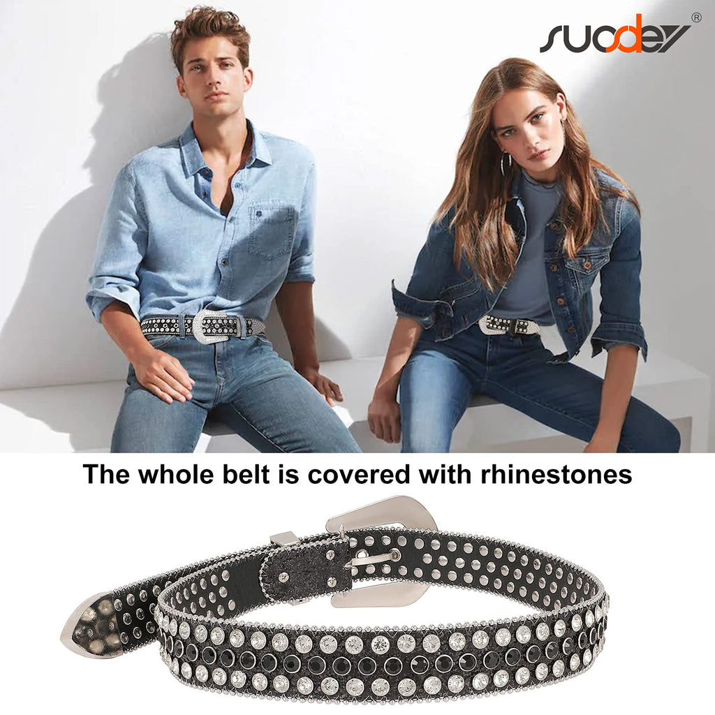 SUOSDEY Rhinestone Belt Men Women Western Bling Cowboy Studded Leather Belt  Silver Shiny Buckle Belt for Jeans Pants at  Women’s Clothing store