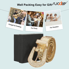 Men Women Fashion Rhinestone Belt SUOSDEY Western Cowgirl Bling Studded Design Leather Diamond Belt for Jeans Dress
