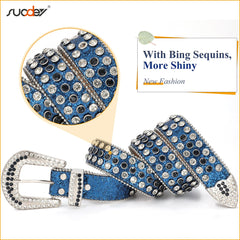 Men Women Fashion Rhinestone Belt SUOSDEY Western Cowgirl Bling Studded Design Leather Diamond Belt for Jeans Dress