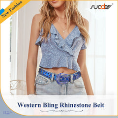 Men Women Fashion Rhinestone Belt SUOSDEY Western Cowgirl Bling Studded Design Leather Diamond Belt for Jeans Dress