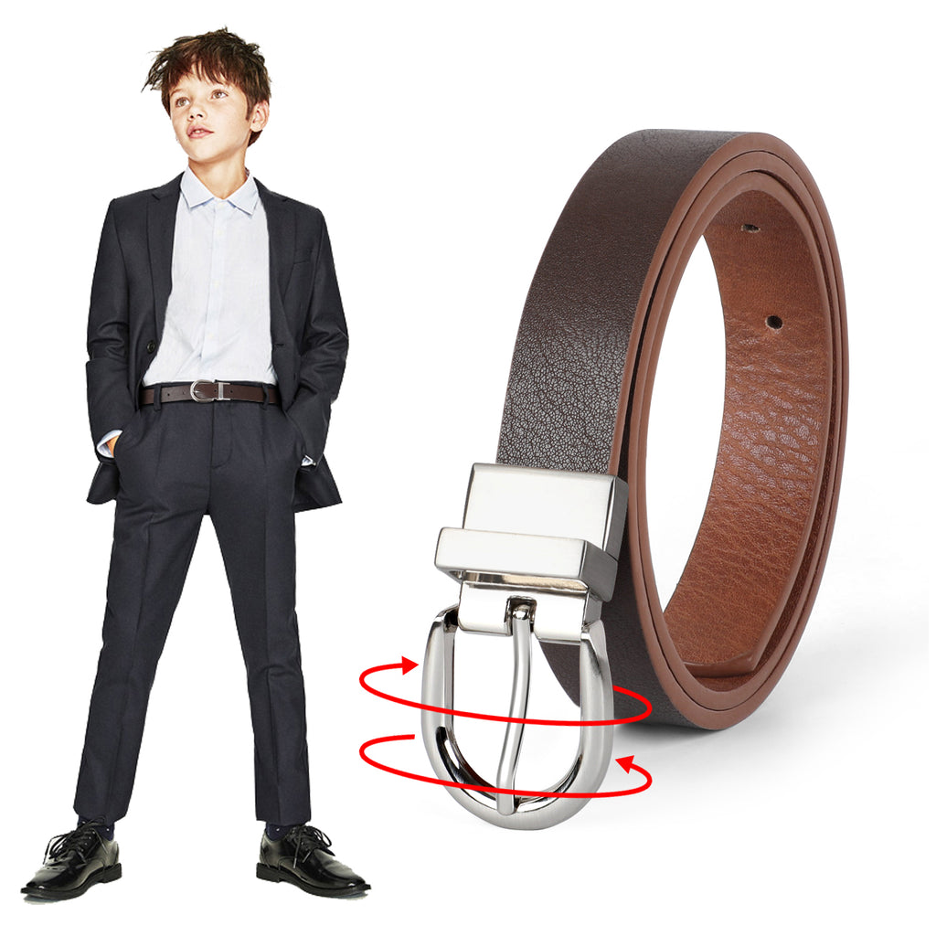 JASGOOD Kids Leather Reversible Belt, Boys Casual Belt for Jeans School Uniform with Rotated Buckle 