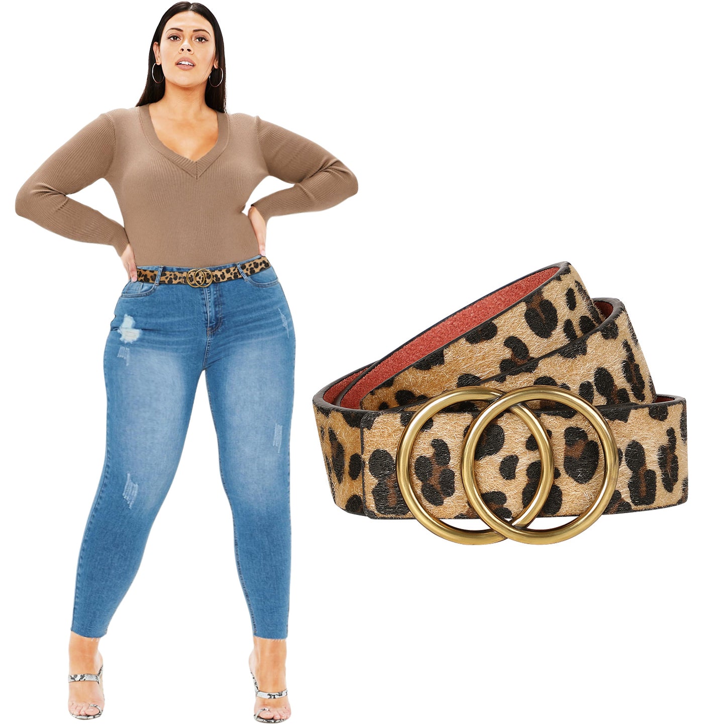 JASGOOD Plus Size Double O Ring Belt for Women Leather Belt,Ladies PU Leather Waist Belts for Jeans Pants 