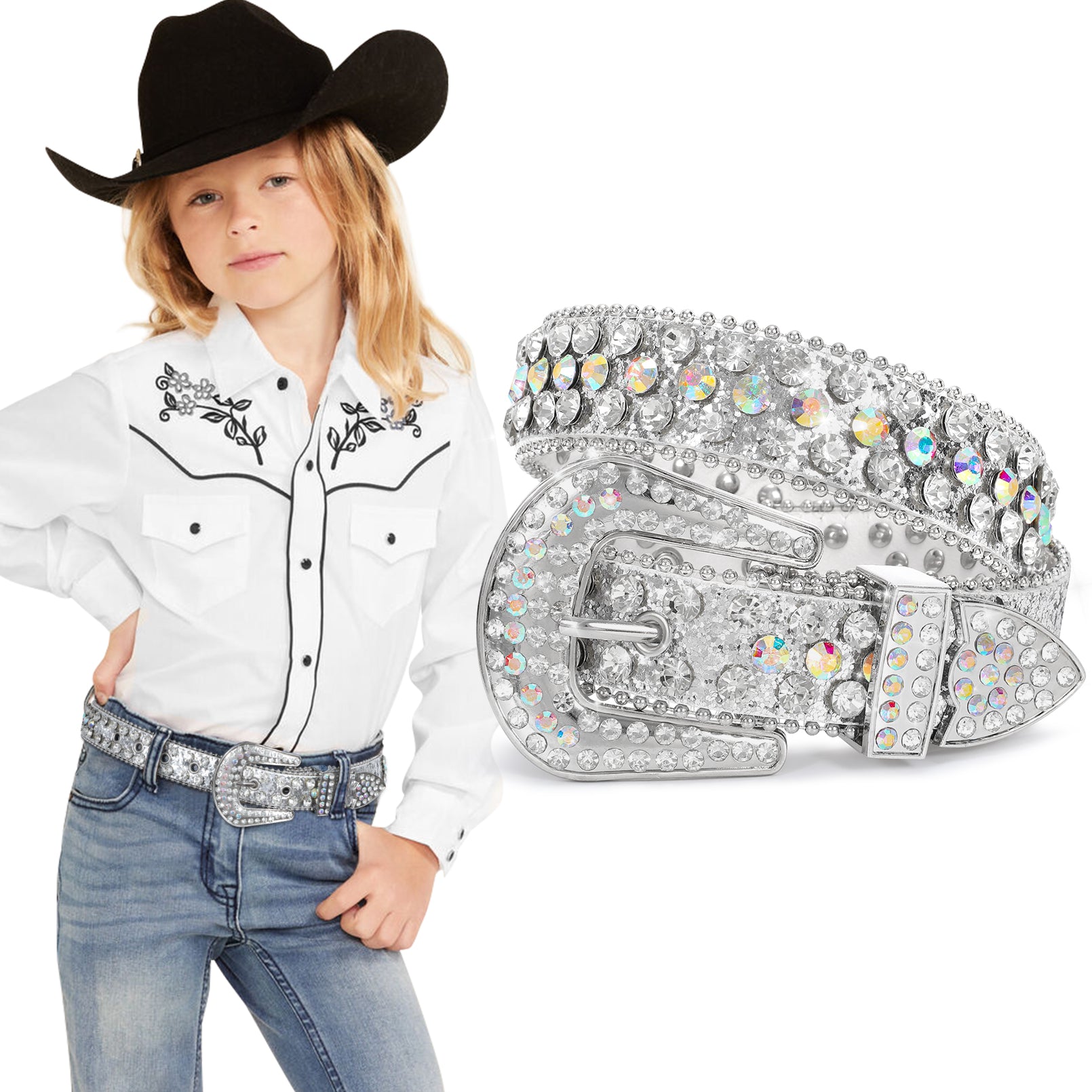 Kids Fashion Rhinestone Shiny Crystal Studded Leather Belts - JASGOOD OFFICIAL
