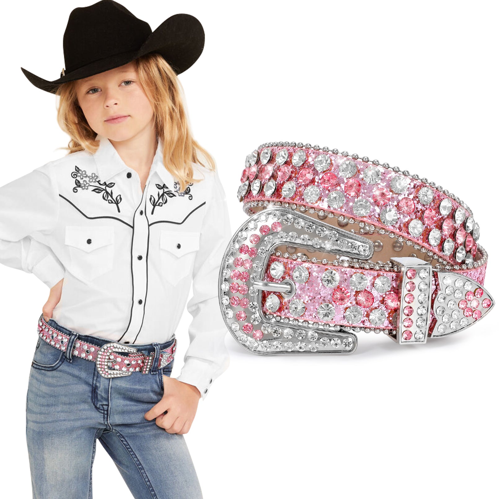 Kids Fashion Rhinestone Shiny Crystal Studded Leather Belts - JASGOOD OFFICIAL