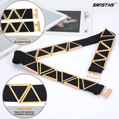 High Waist Elastic Belt ,Women Stretch Belt Flat Gold Buckle with Triangle Metal