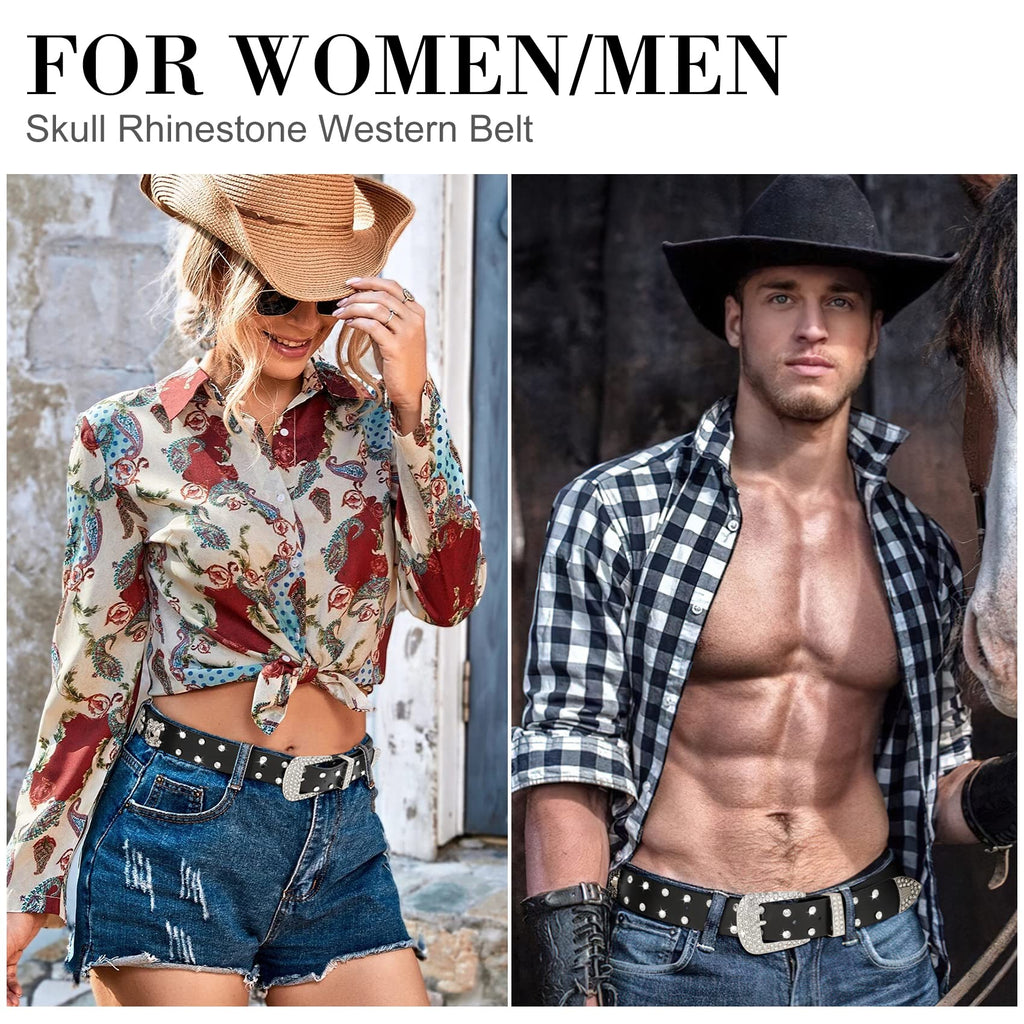 Halloween Rhinestones Belt for Men Women, Skulls Western Leather Belt Wide Buckle Shining Cowgirl Cowboy Studded Belts for Jeans
