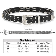 Halloween Rhinestones Belt for Men Women, Skulls Western Leather Belt Wide Buckle Shining Cowgirl Cowboy Studded Belts for Jeans