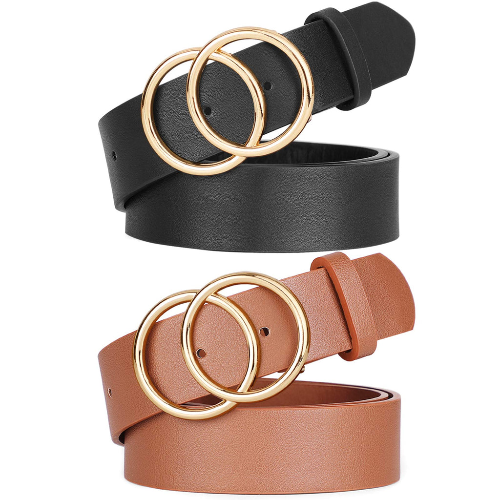 Women Leather Belt Fashion Faux Leather Waist Belt with Double O-Ring Buckle for Jeans Pants Dresses