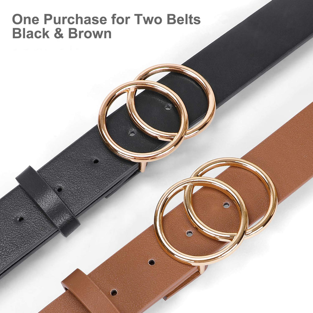 Women Leather Belt Fashion Faux Leather Waist Belt with Double O-Ring Buckle for Jeans Pants Dresses