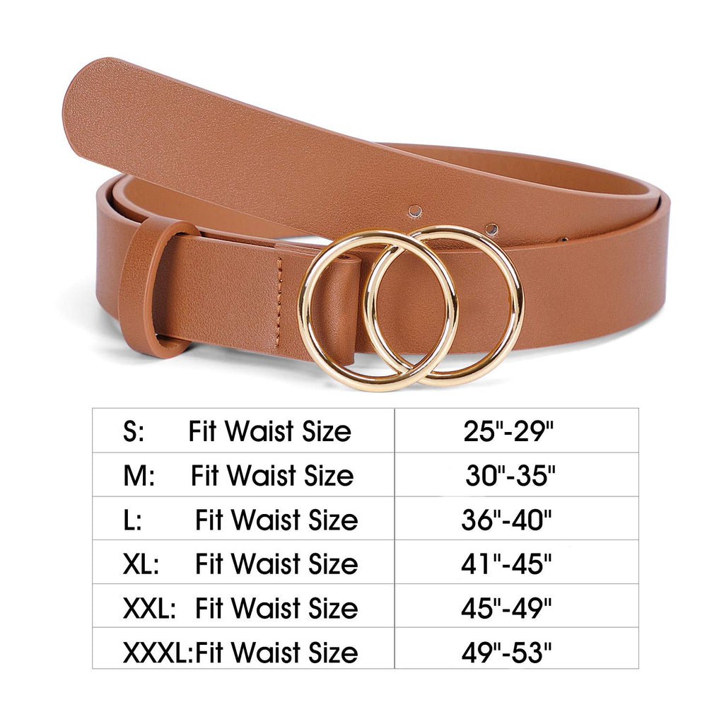 Women Leather Belt Fashion Faux Leather Waist Belt with Double O-Ring Buckle for Jeans Pants Dresses