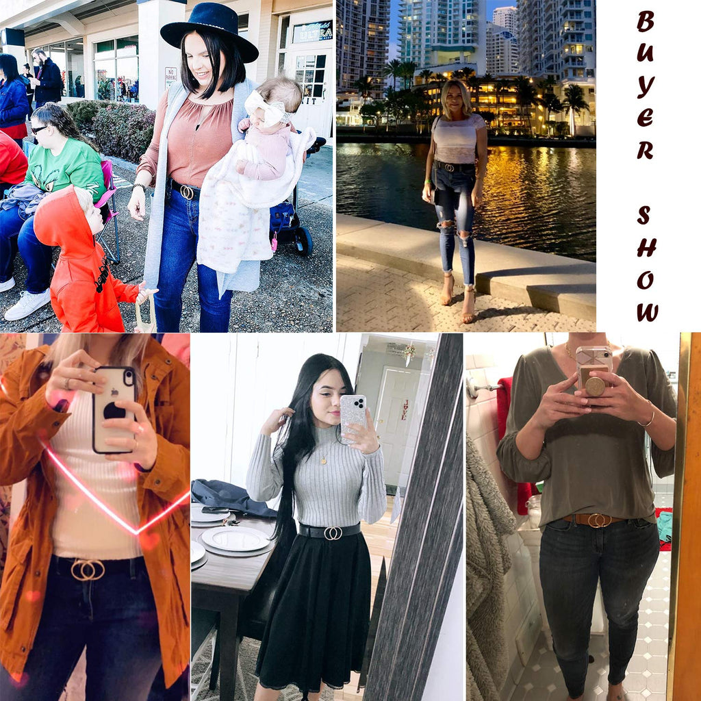 Women Leather Belt Fashion Faux Leather Waist Belt with Double O-Ring Buckle for Jeans Pants Dresses