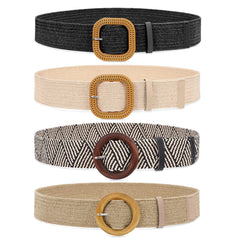Set of 4 Straw Woven Elastic Stretch Waist Belts for Women, Fashion Boho Ladies Braided Skinny Dress Belt