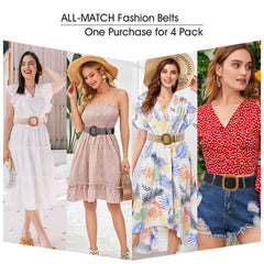 Set of 4 Straw Woven Elastic Stretch Waist Belts for Women, Fashion Boho Ladies Braided Skinny Dress Belt