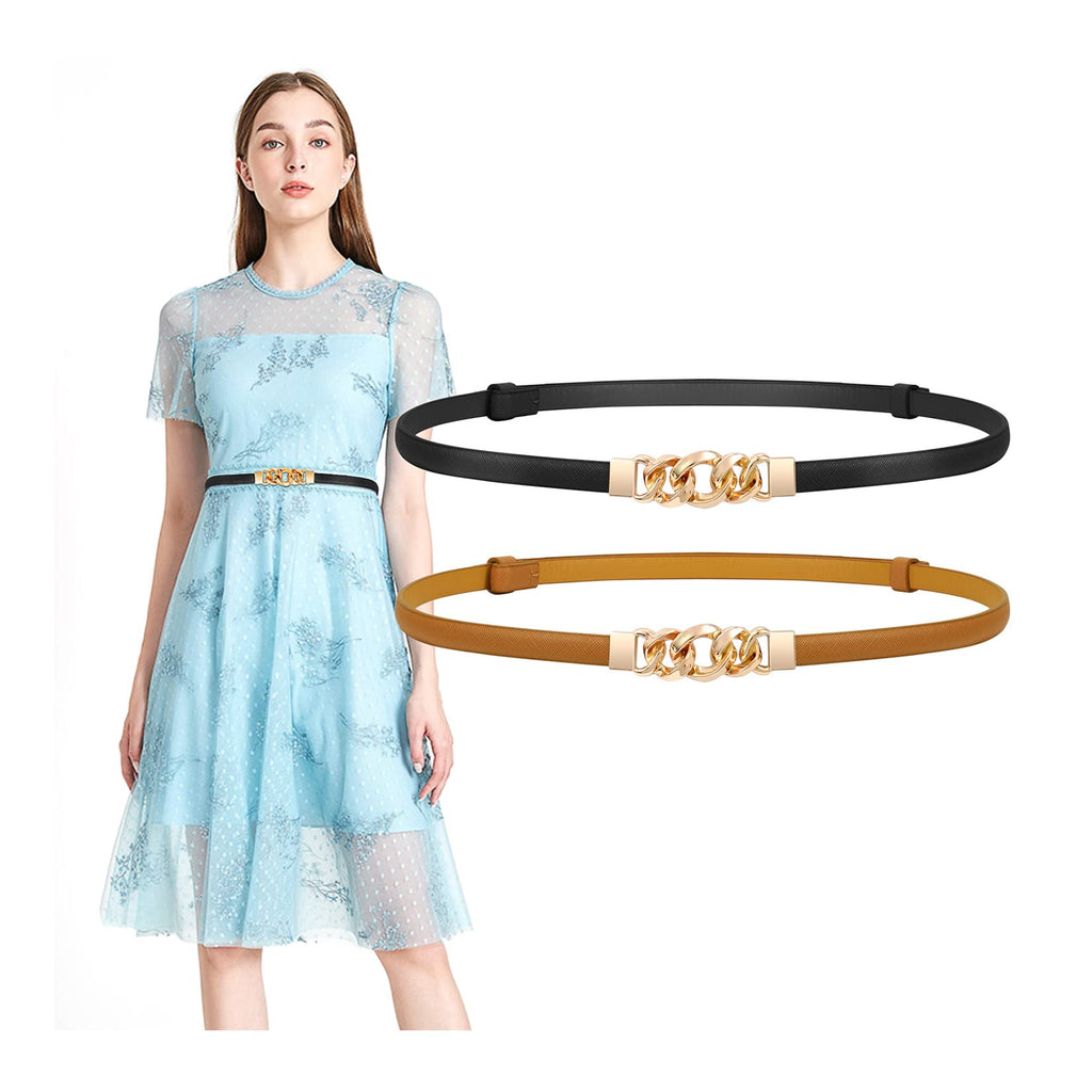 Jasgood Leather Skinny Women Belt Thin Waist Belts For Dresses Up To 37  Inches With Golden Buckle 2 Pack