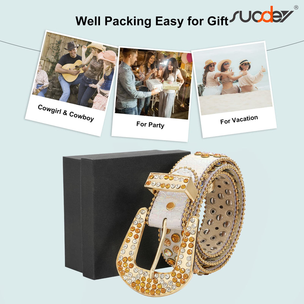 Men Women Fashion Rhinestone Belt SUOSDEY Western Cowgirl Bling Studded Design Leather Diamond Belt for Jeans Dress