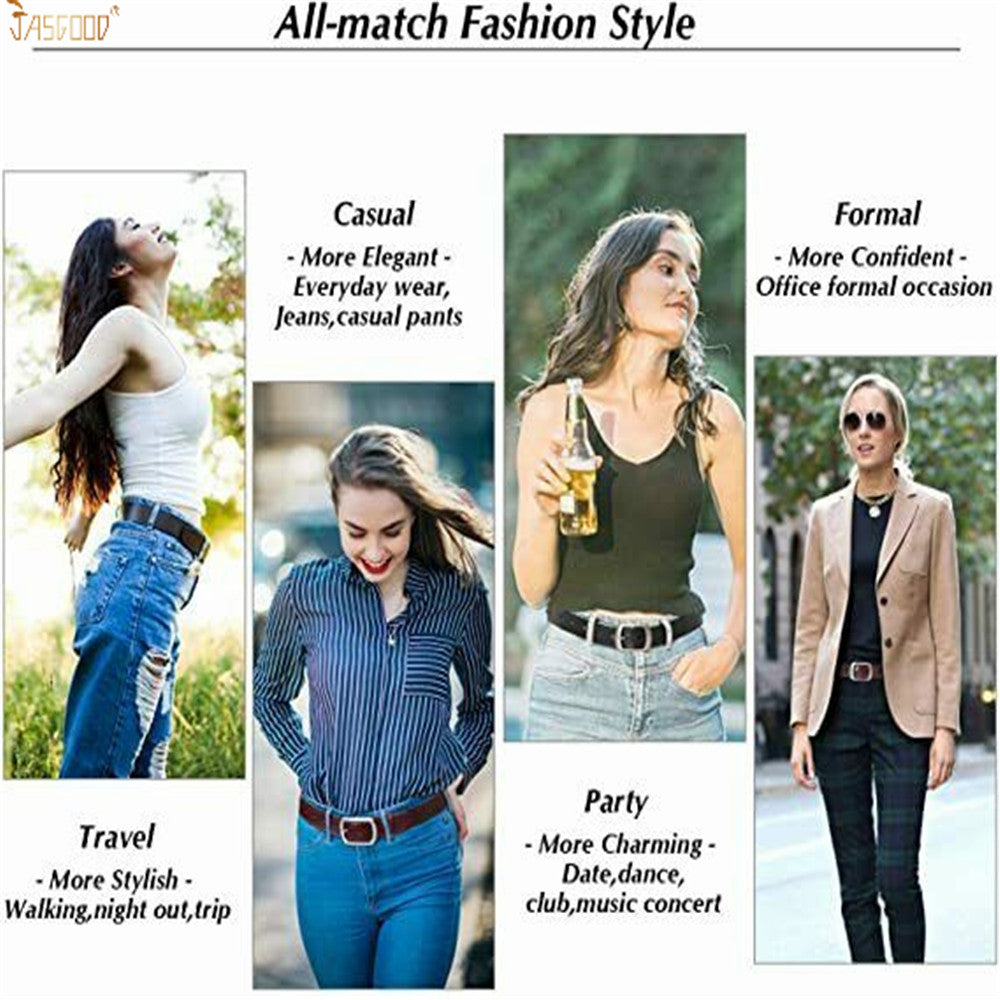 Plus Size Women Leather Belt JASGOOD Black Casual Waist Belt for Jeans Pants with Metal Pin Buckle - JASGOOD OFFICIAL