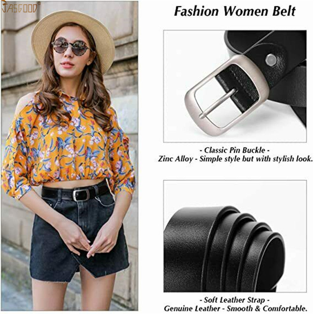 Plus Size Women Leather Belt JASGOOD Black Casual Waist Belt for Jeans Pants with Metal Pin Buckle - JASGOOD OFFICIAL