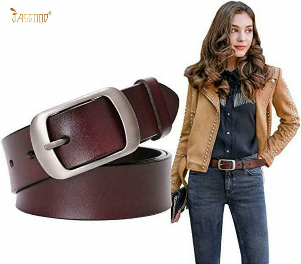 Plus Size Women Leather Belt JASGOOD Black Casual Waist Belt for Jeans Pants with Metal Pin Buckle - JASGOOD OFFICIAL