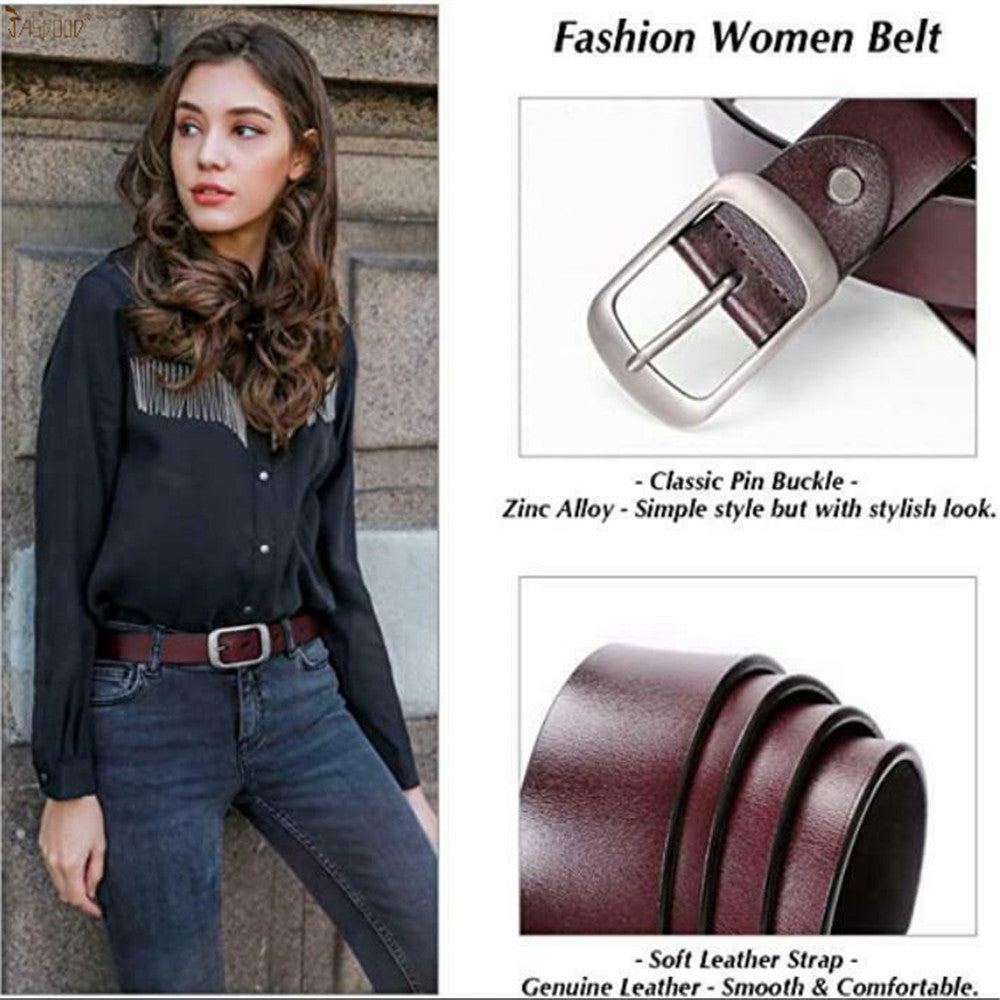 Plus Size Women Leather Belt JASGOOD Black Casual Waist Belt for Jeans Pants with Metal Pin Buckle - JASGOOD OFFICIAL