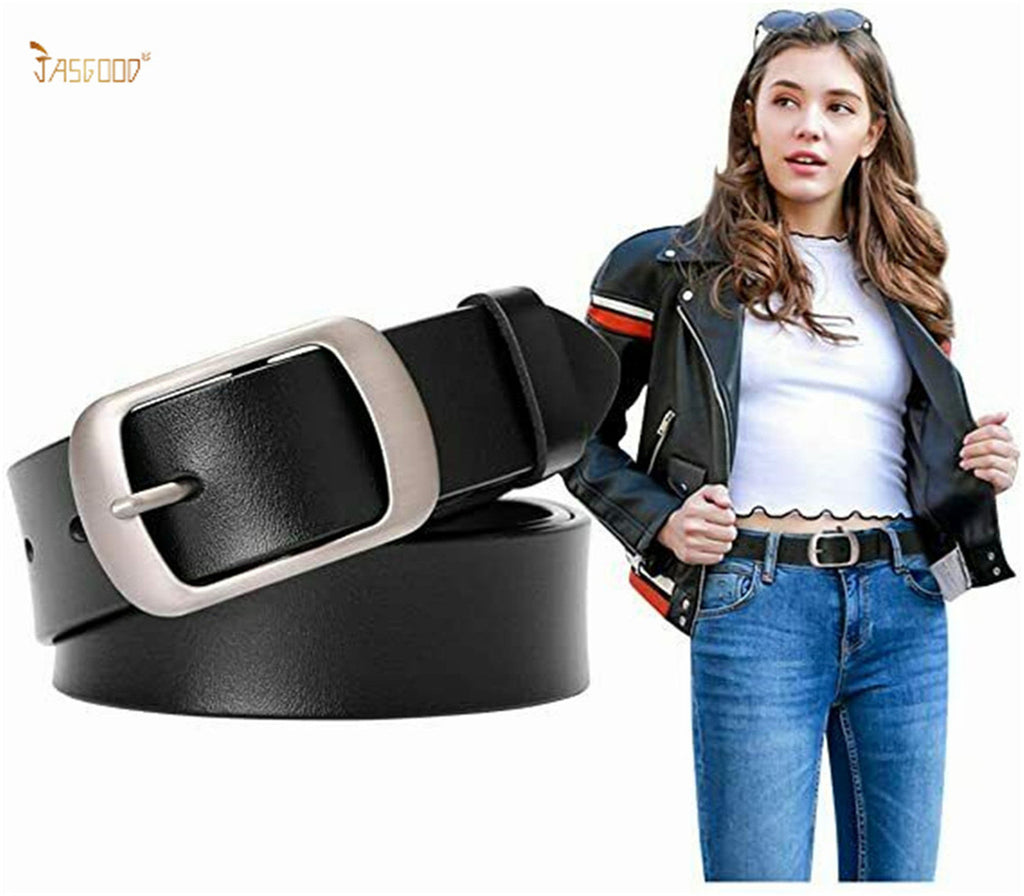 JASGOOD Women Leather Plus Size Belt Black Casual Waist Belt for Jeans  Pants with Metal Pin Buckle(A-Black.Fit Waist Size 25''-30'') at   Women's Clothing store