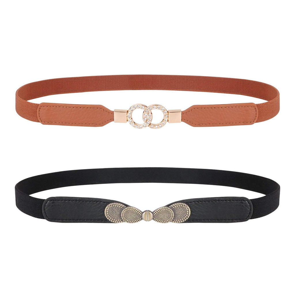 Womens Skinny Elastic Waist Belt, JASGOOD Stretch Cinch Thin Belt For Dress 2 Pack 