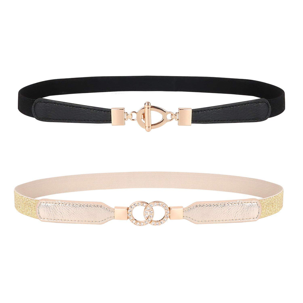 Womens Skinny Elastic Waist Belt, JASGOOD Stretch Cinch Thin Belt For Dress 2 Pack 