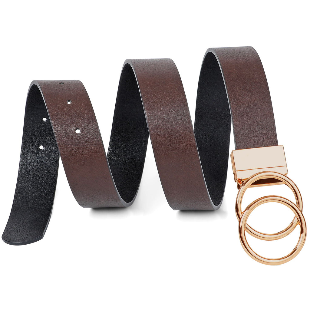 JASGOOD Women's belt with  golden double O-ring rotating buckle， reversible belt, jeans belt leather belt 