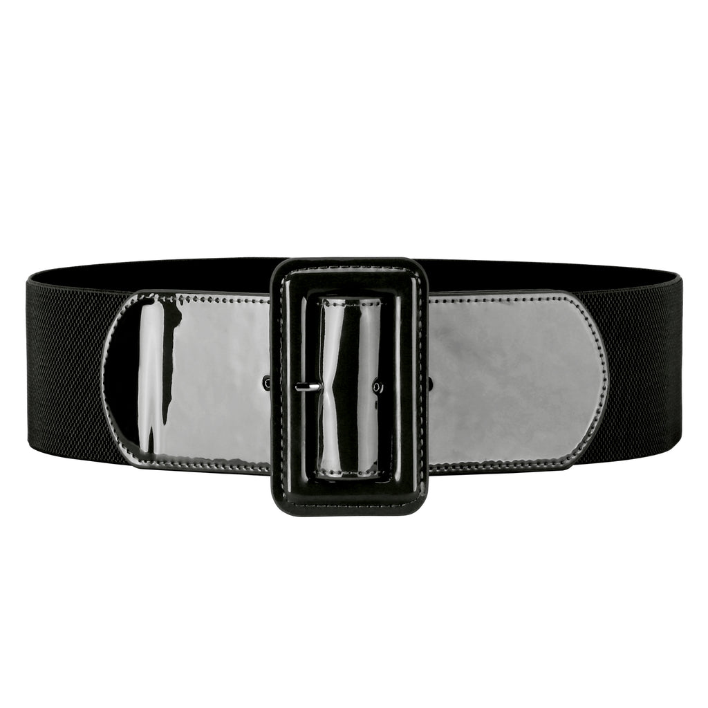 Women Stretchy Waist Belt Patent Leather 2.95” Wide Simple Square Buckle by JASGOOD 