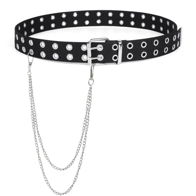 Double Grommet Belt PU Leather Punk Belt for Women Men Jeans 2 Hole Belts 1.5 Wide