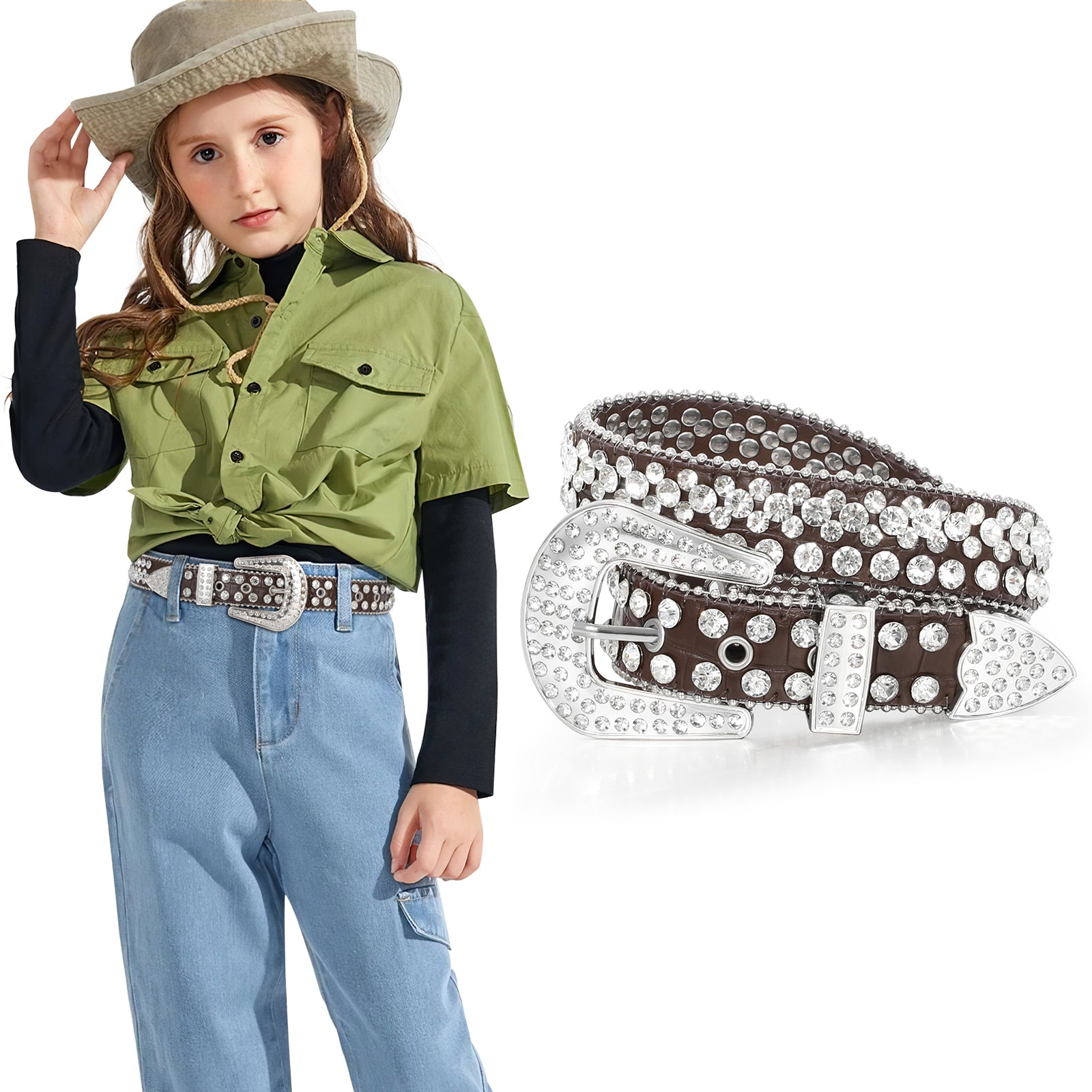 Rhinestone Belt for Men Women Western Cowboy Cowgirl Bling Studded Leather Belt for Jeans Pants - JASGOOD OFFICIAL